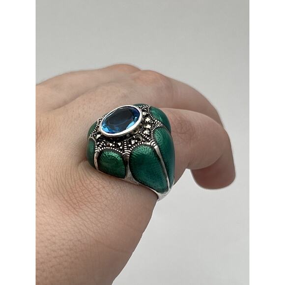 925 sterling silver enamel topaz Marcasite Ring size 6 - Picture 2 of 14